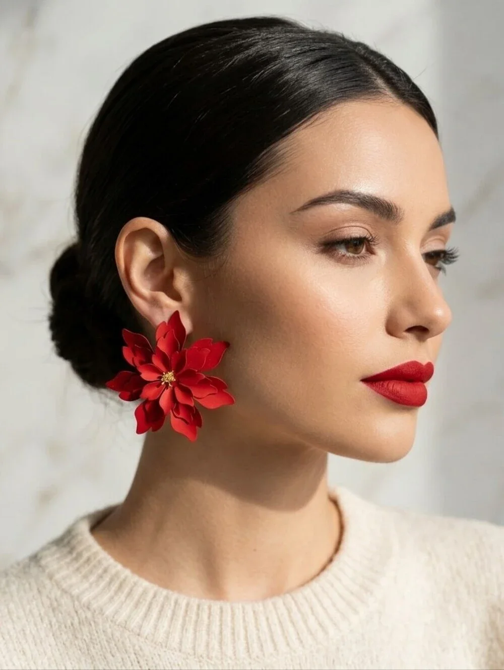 Red Floral Earrings Metal Flower Earrings